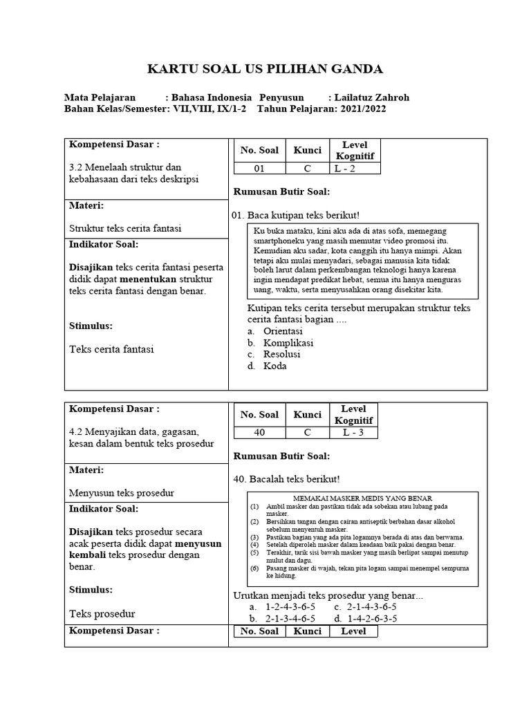 Format Kartu Soal Ujian Sekolah 2021 2022 Pdf