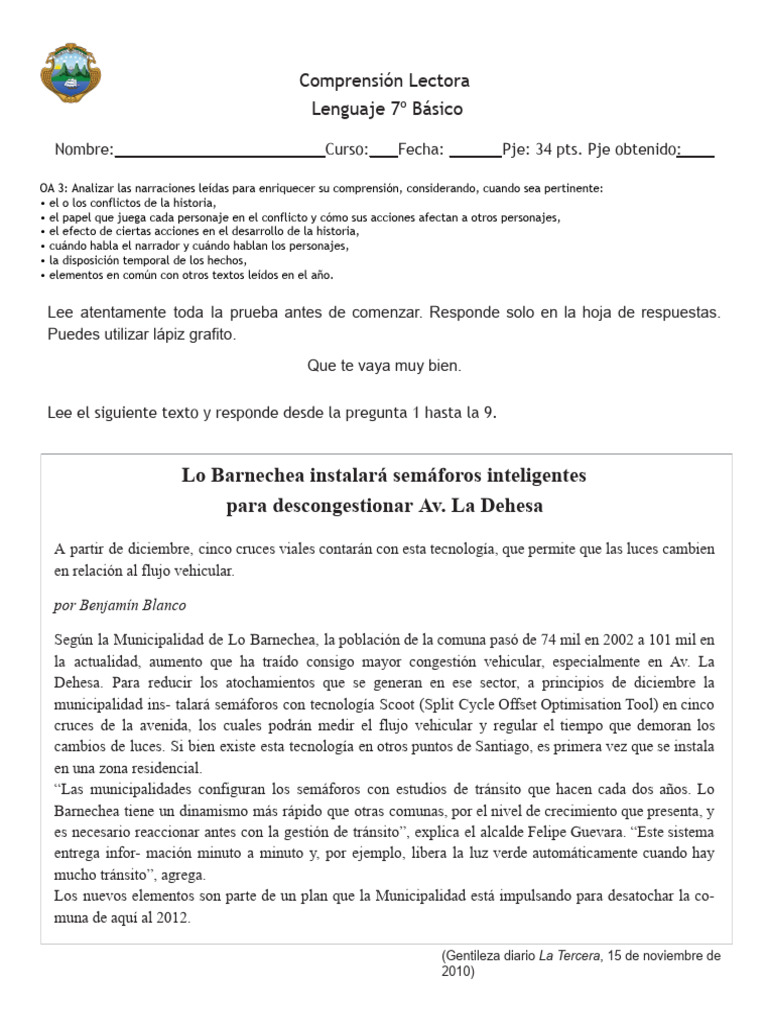 7º-Compren. Lectora | PDF | Semáforo