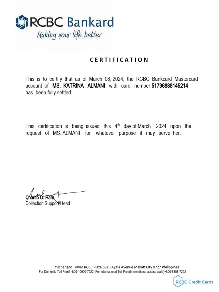 RCBC Bankcard Account Settlement Certificate | PDF