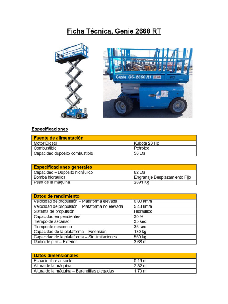 Ficha Técnica Genie 2668 RT: Especificaciones | PDF | Vehículos