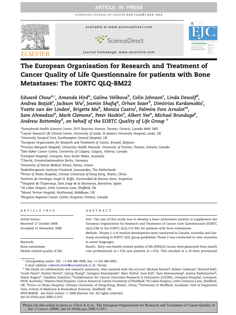 EORTC QLQ-BM22: Bone Metastases Questionnaire | PDF | Cancer | Oncology