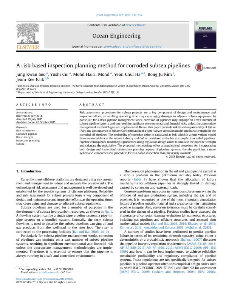 Risk-Based Inspection for Subsea Pipelines | PDF | Risk | Reliability ...