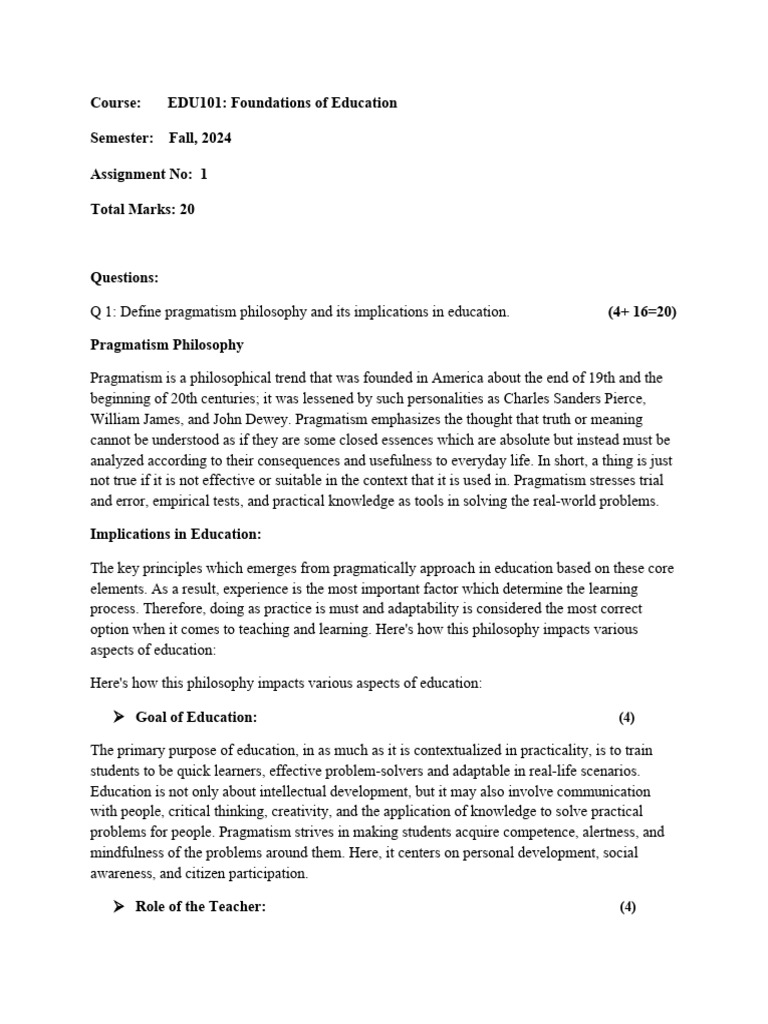 Edu101 Assignment Made By Asad Mher Pdf Pragmatism Learning