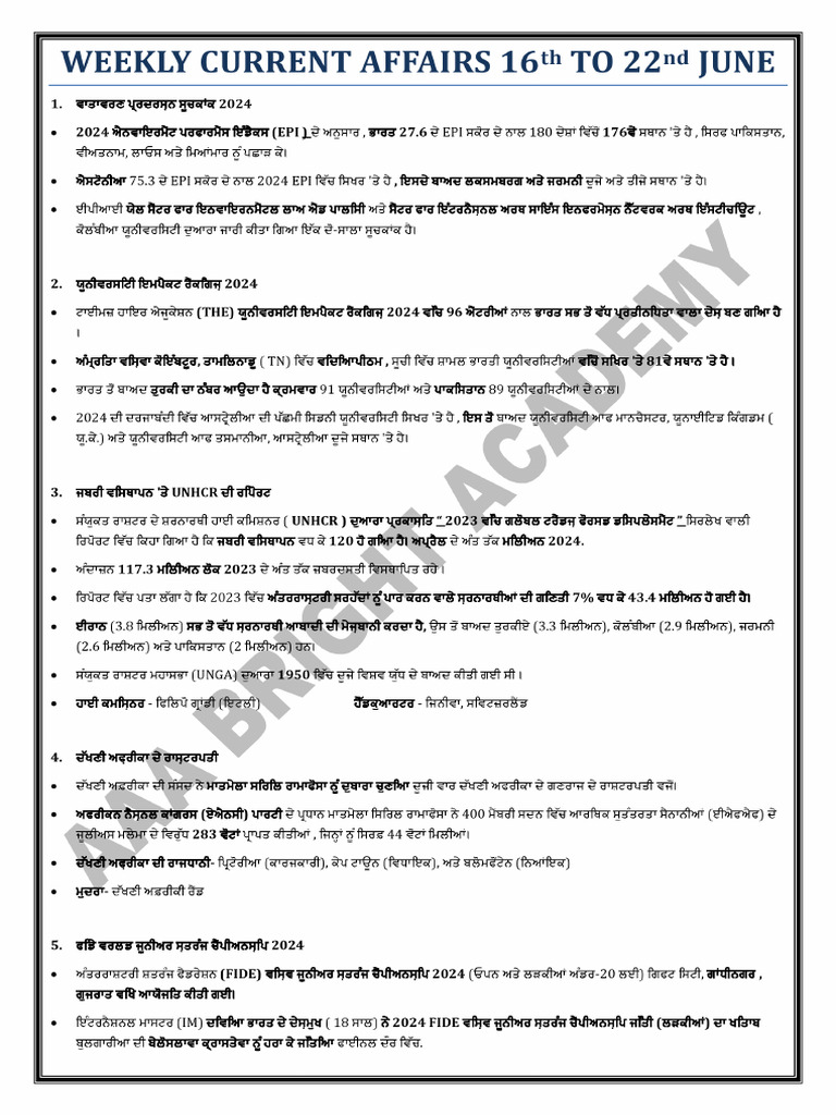 WEEKLY CURRENT AFFAIRS 16th TO 22nd JUNE (Punjabi) | PDF