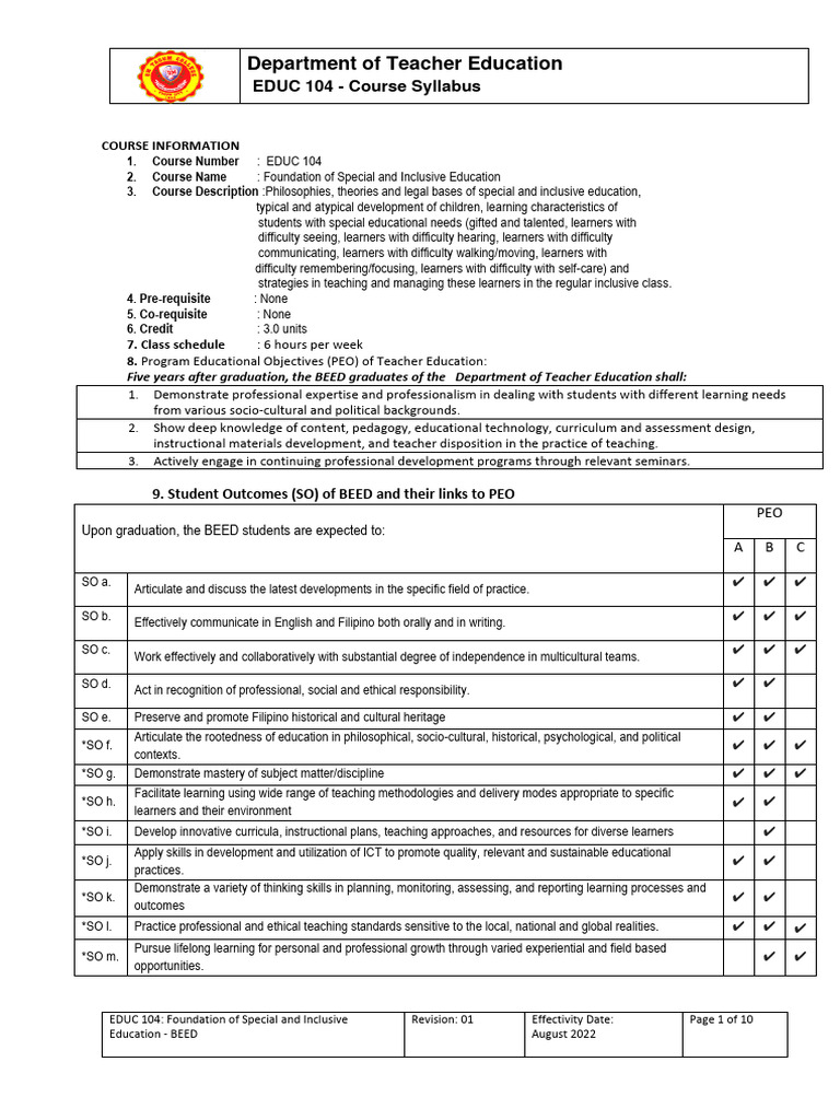 EDUC 104: Special Education Syllabus | PDF | Educational Assessment ...