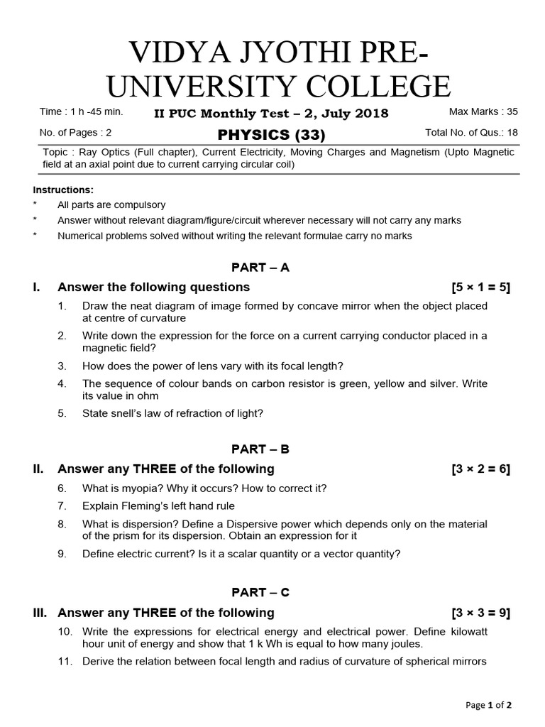 II PUC Physics - Monthly Test - July Final | PDF | Optics | Electrical ...