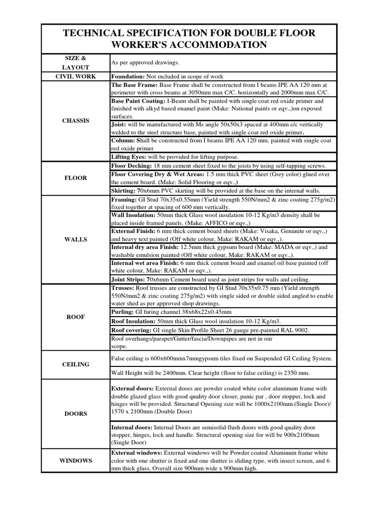 Double Floor Worker Accommodation Specs | PDF | Door | Paint