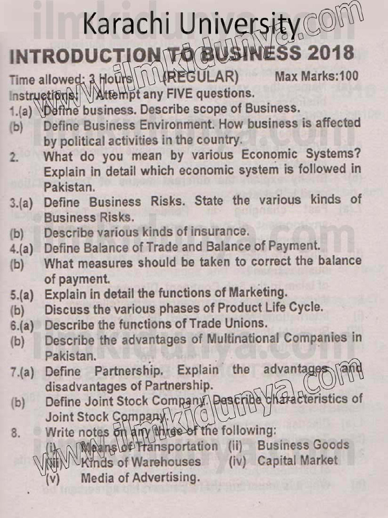 Past Paper 2018 Karachi University B.com Part 1 Introduction To ...