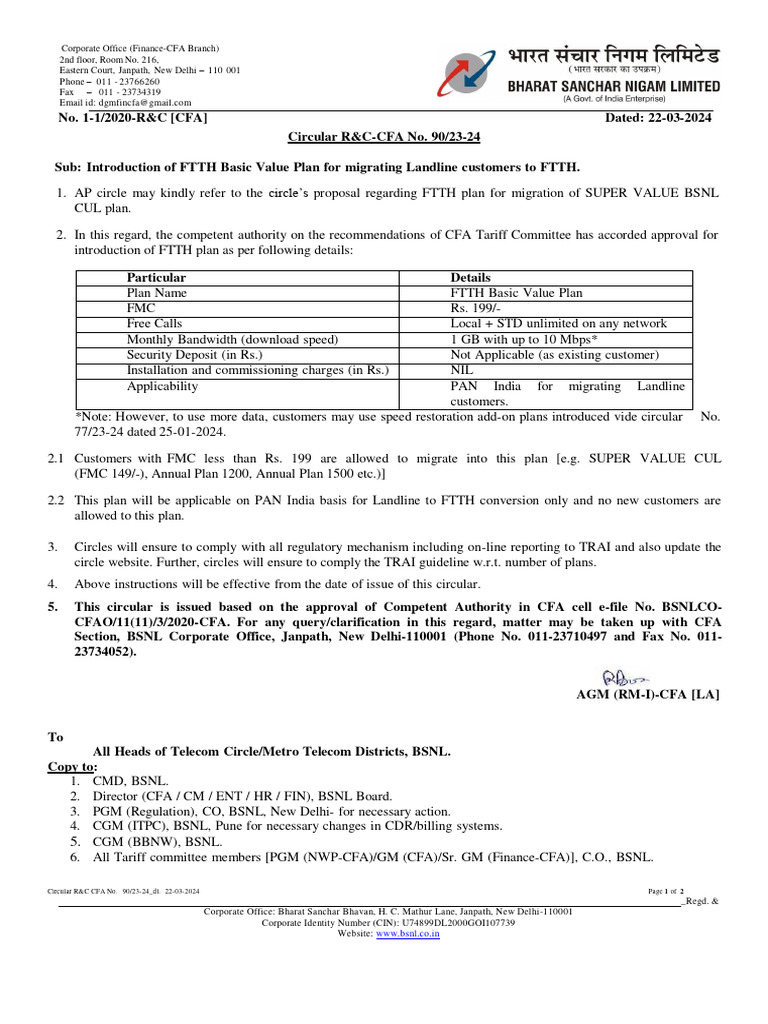 Ftth Basic Value Plan For Migrating Landline Customers To Ftth Pdf