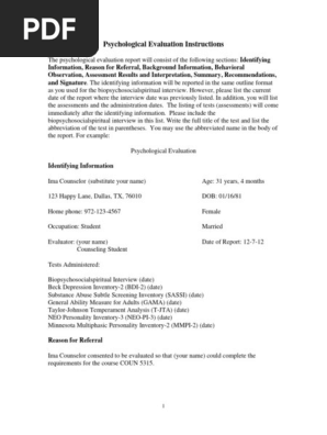 COUN 5315 - Write - Up Instructions for Psychological Evaluation FA 20