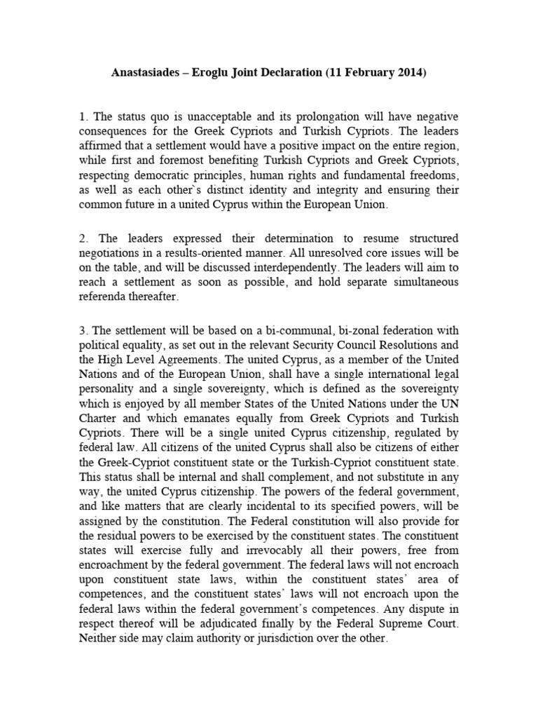Anastasiades-Eroglu Joint Declaration - February 2014 | PDF | Cyprus ...