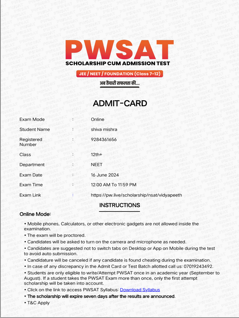 Vidyapeeth PWSAT Shiva Admit Card - 12th+16June20241200AMto1159PM | PDF ...