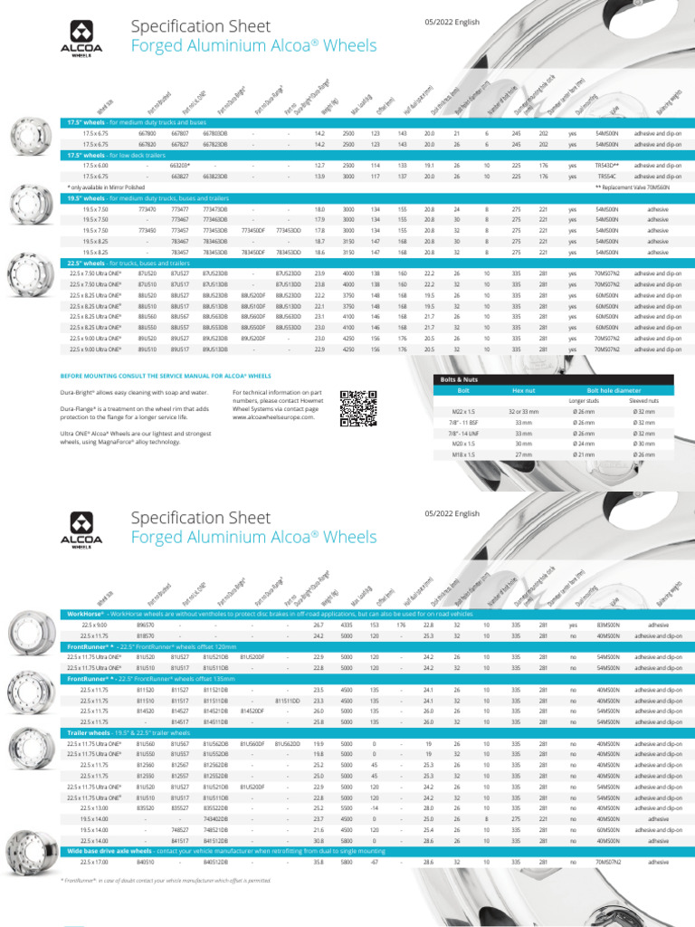Alcoa Wheels Specification Sheet EN | PDF | Wheeled Vehicles | Motor ...