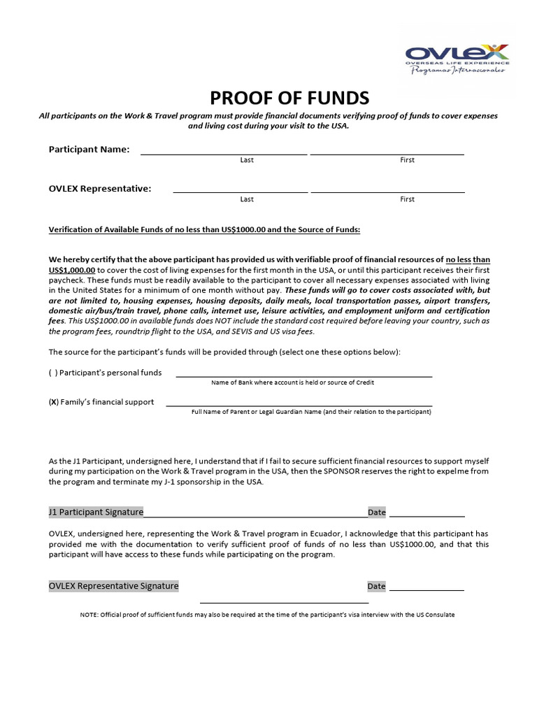 Proof of Funds for Work & Travel USA | PDF | Cost Of Living | Visa Inc.