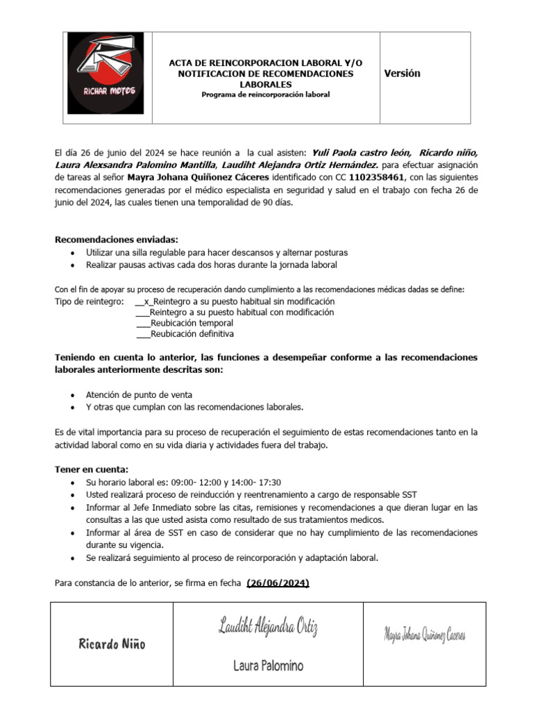 Form 1. Acta de Reincorporacion Laboral | PDF