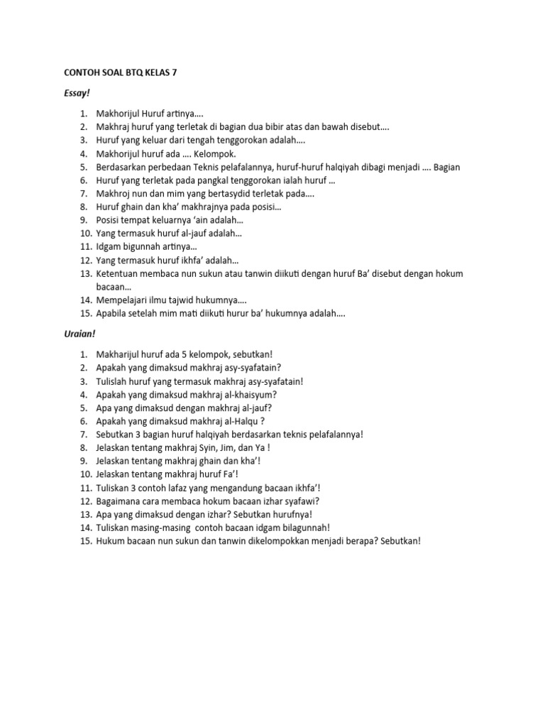 Contoh Soal Btq Kelas 7 Pdf