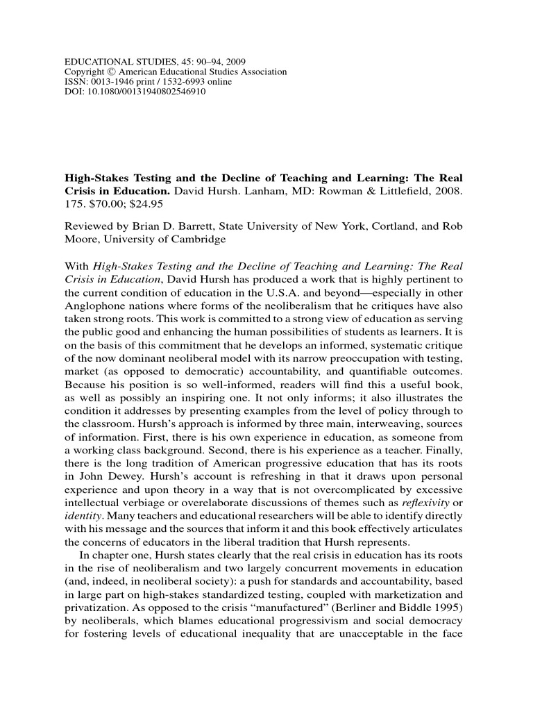 High-Stakes Testing and The Decline of Teaching and Learning | PDF ...