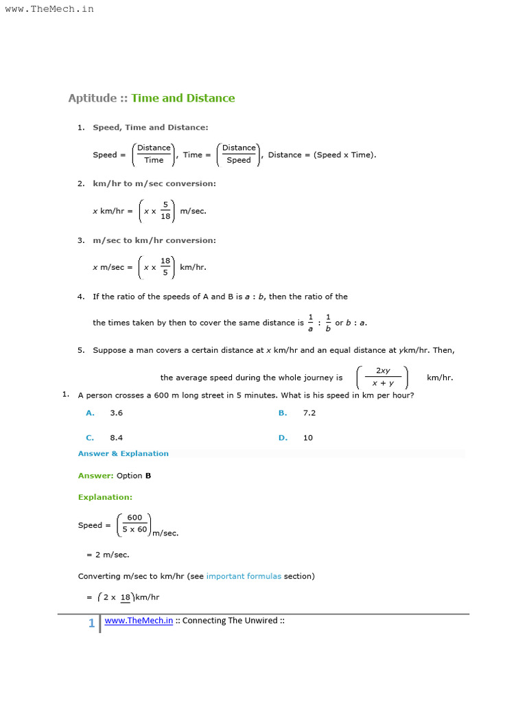 Time and Distance Aptitude Problems | PDF | Speed