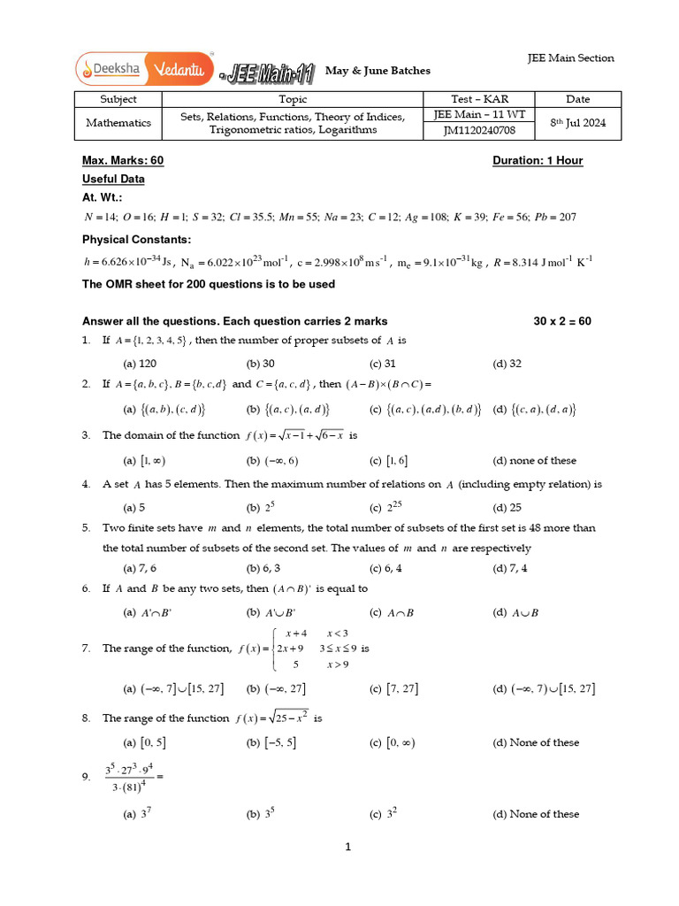 JEE Main Math Test: Sets, Functions & More | PDF | Set (Mathematics ...