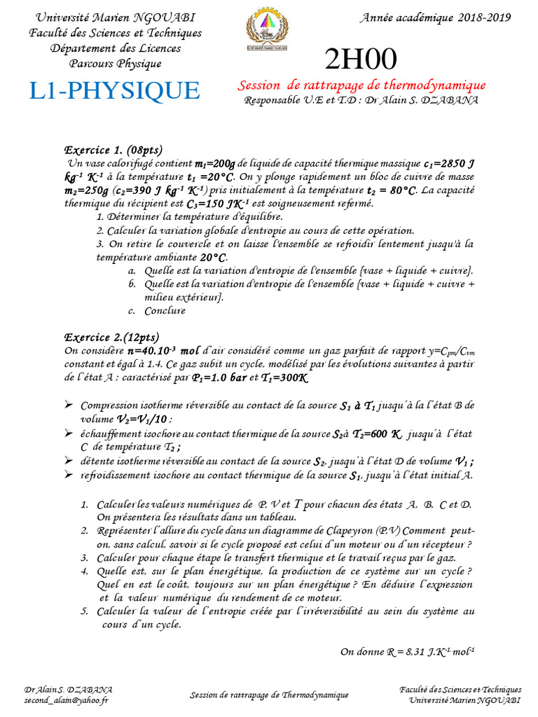 Thermodynamique : Exercice de rattrapage | PDF | Thermodynamique | Entropie