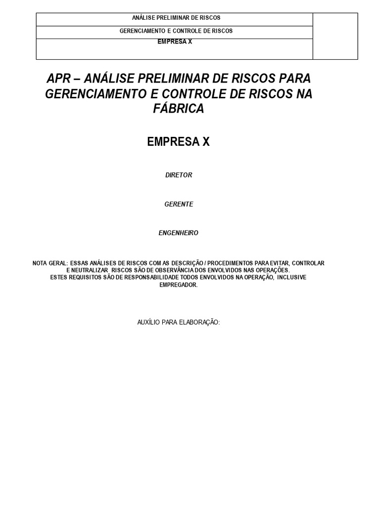 Modelo De Apr Analise De Risco Pdf Desperdício
