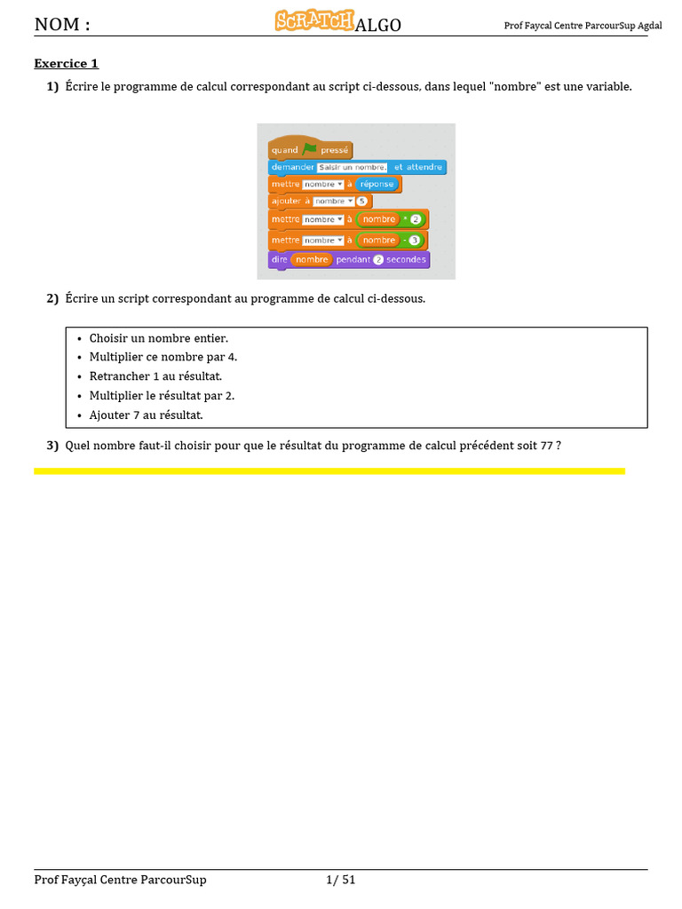 Exercices de programmation Scratch et algorithmes | PDF | Dé ...