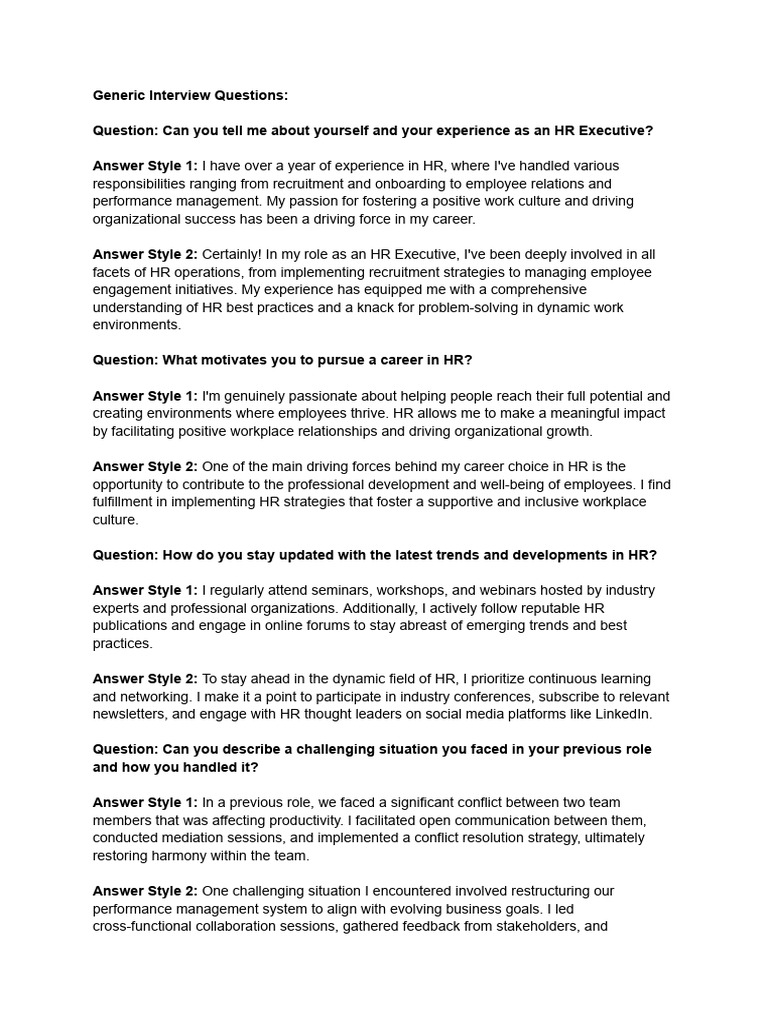 Essential HR Executive Interview Questions | PDF | Recruitment | Welfare