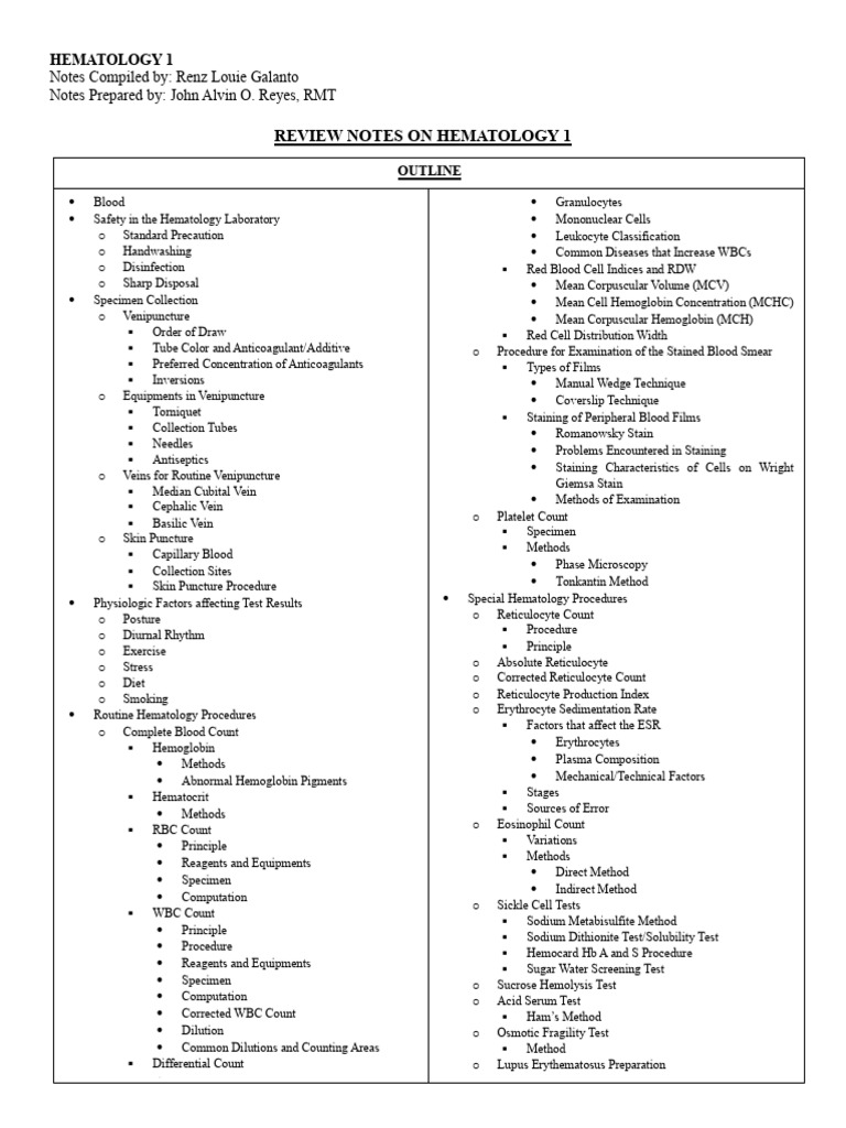 Review Notes On Hematology 1 Pdf Haematopoiesis Red Blood Cell