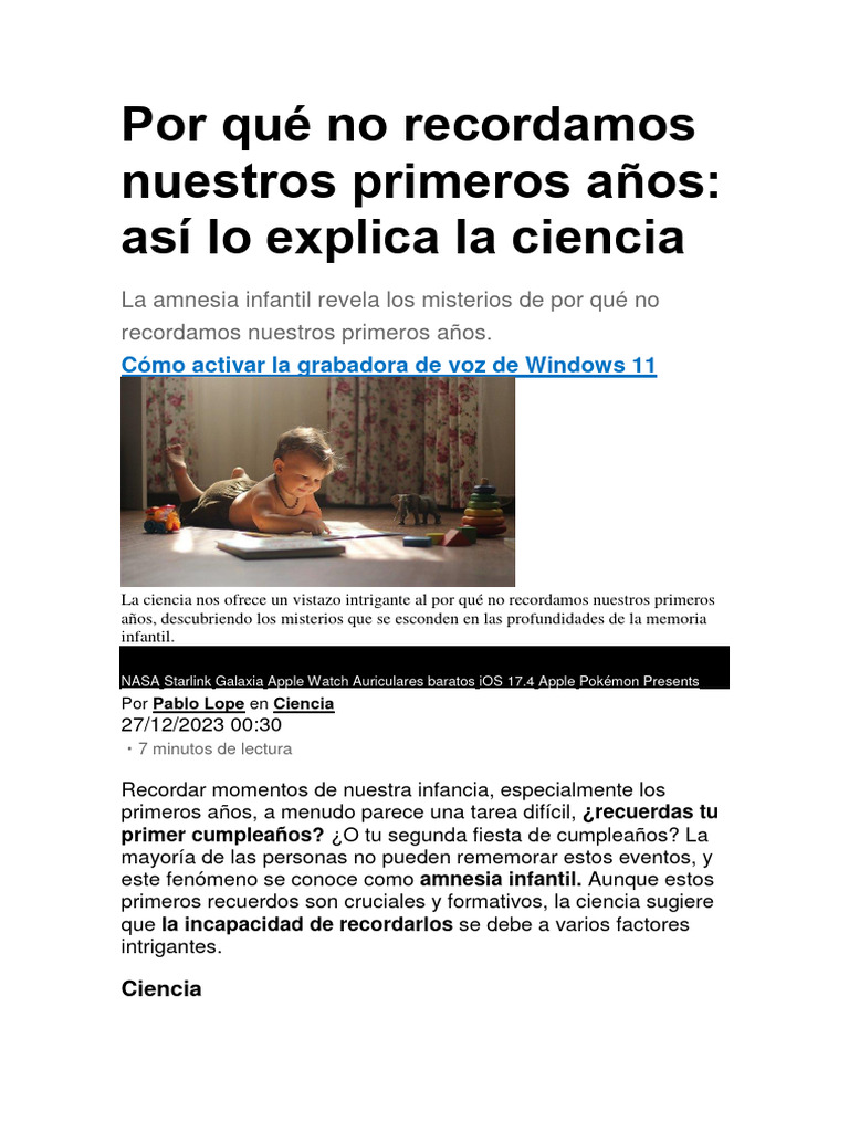 Por Qué No Recordamos Nuestros Primeros Años | PDF | Memoria | Cerebro