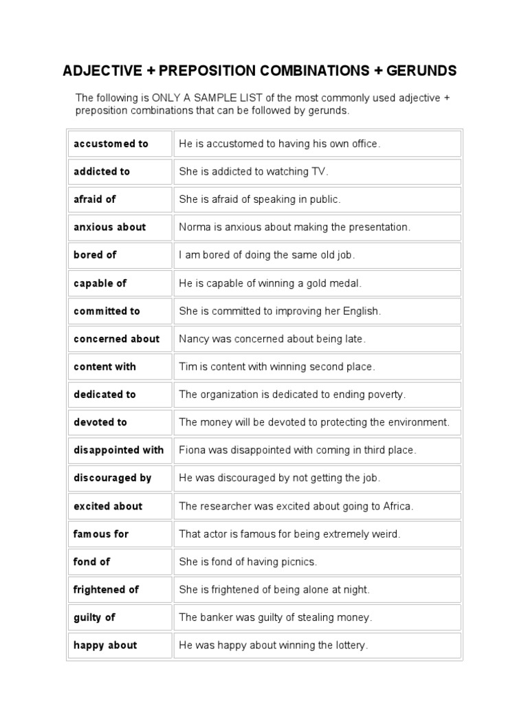 Adjective + Preposition + Gerund Guide | PDF