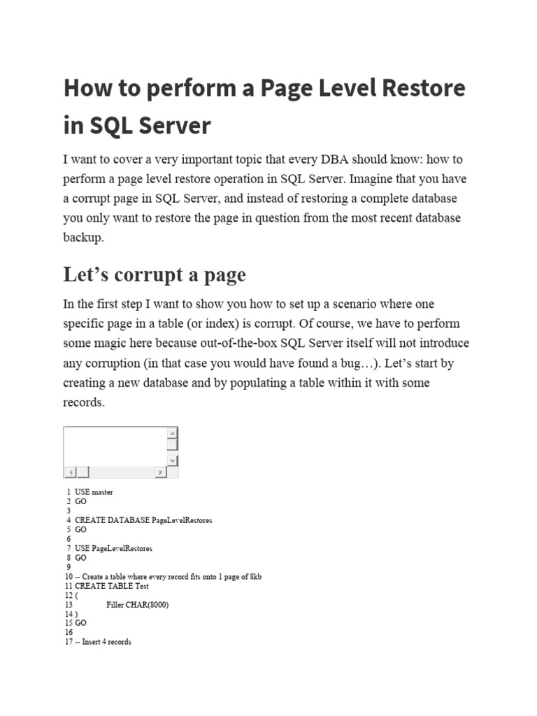 Page Level Restore in SQL Server | PDF | Databases | Microsoft Sql Server