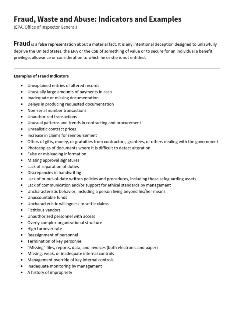 Epaoig 20190717 Fraudwasteandabuse-Indicatorsandexamples | PDF | Fraud ...