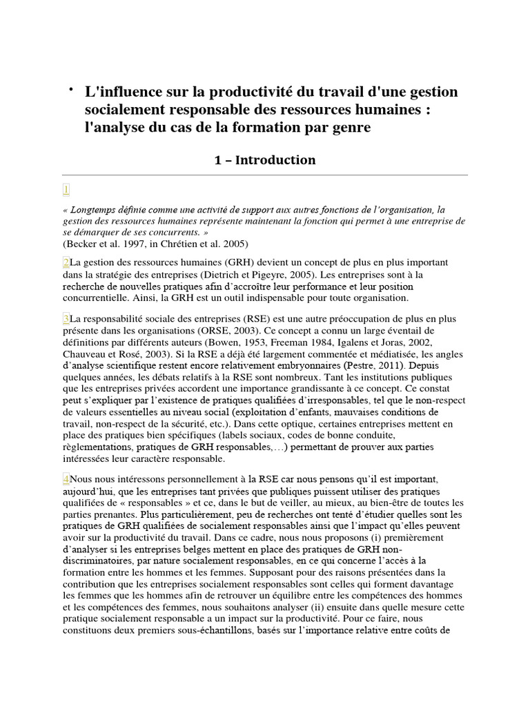 RSE et productivité : impact de la GRH | PDF | Responsabilité sociétale ...