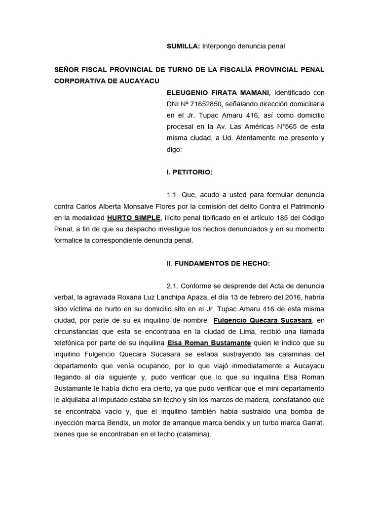Modelo de Denuncia de Hurto | PDF | Justicia penal | Crimen y violencia