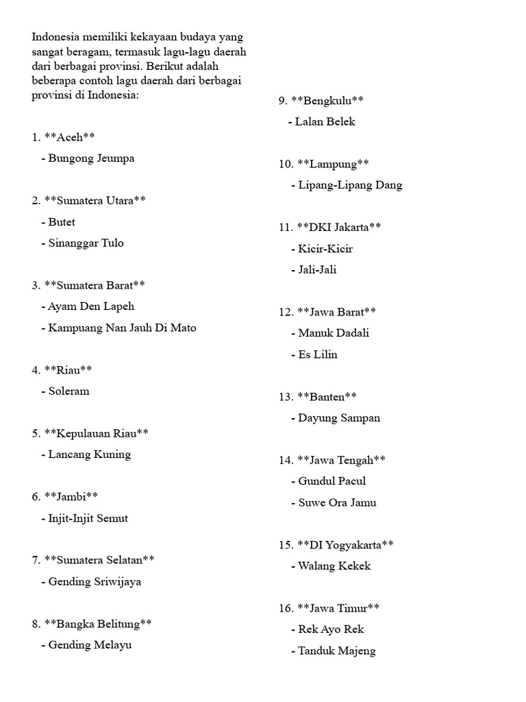 Contoh Lagu Daerah Dari Berbagai Provinsi Di Indonesia | PDF