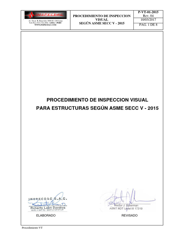 Procedimiento de Inspección Visual ASME V | PDF