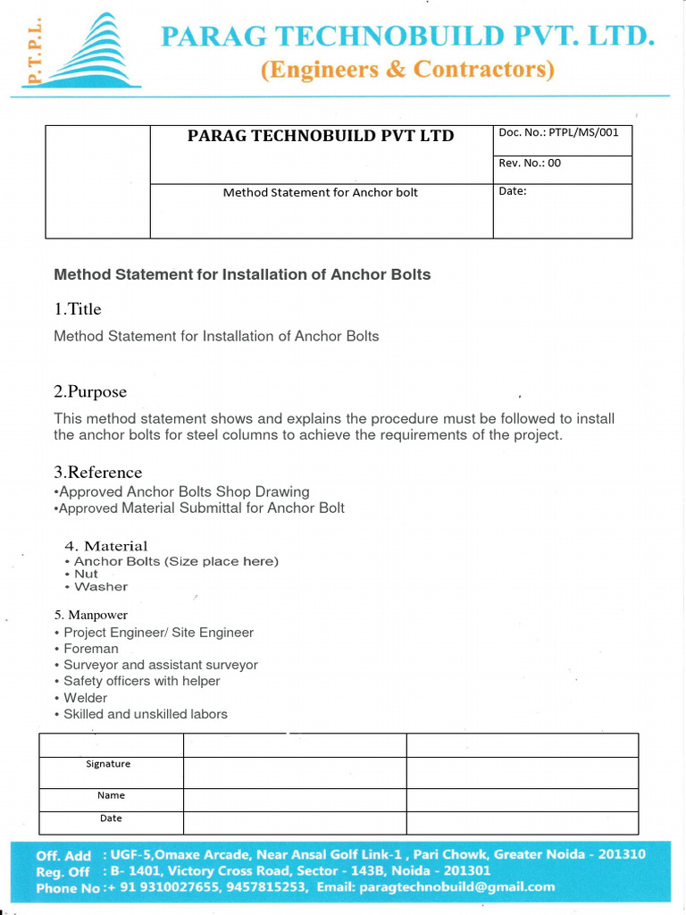 Anchor Bolt Installation Method Statement | PDF | Home & Garden ...