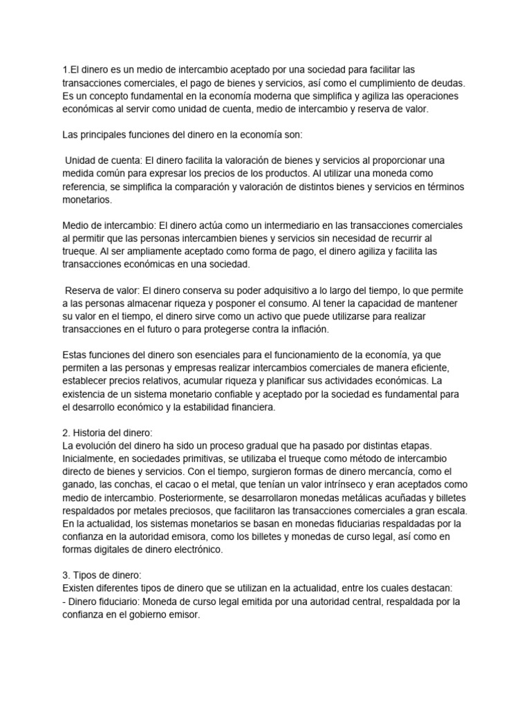 Funciones y tipos de dinero en economía | PDF | Dinero | Moneda