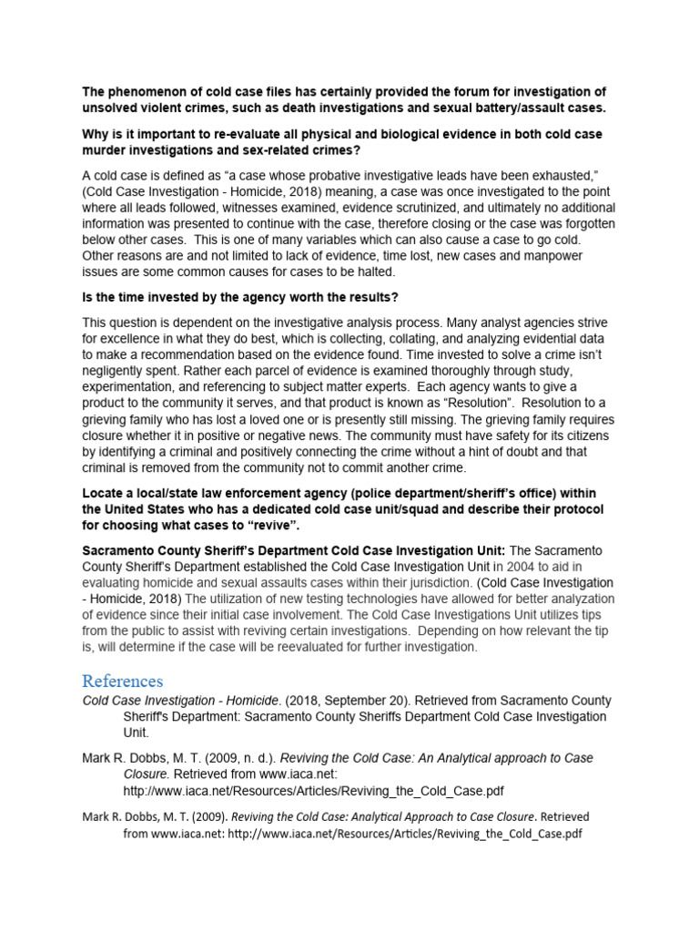 References: Cold Case Investigation - Homicide. (2018, September 20 ...
