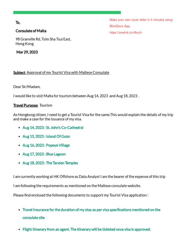 Malta Tourist Visa Application Letter | PDF