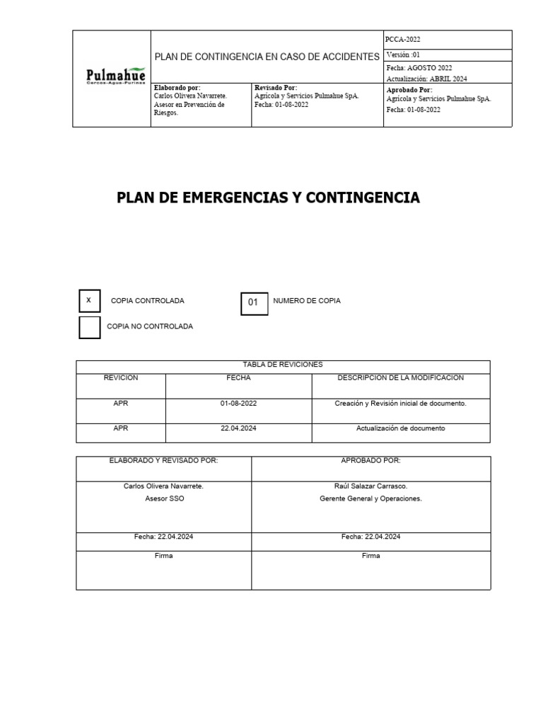 Plan de Contingencia y Emergencia Pulmahue 2024 | PDF | Seguridad y ...