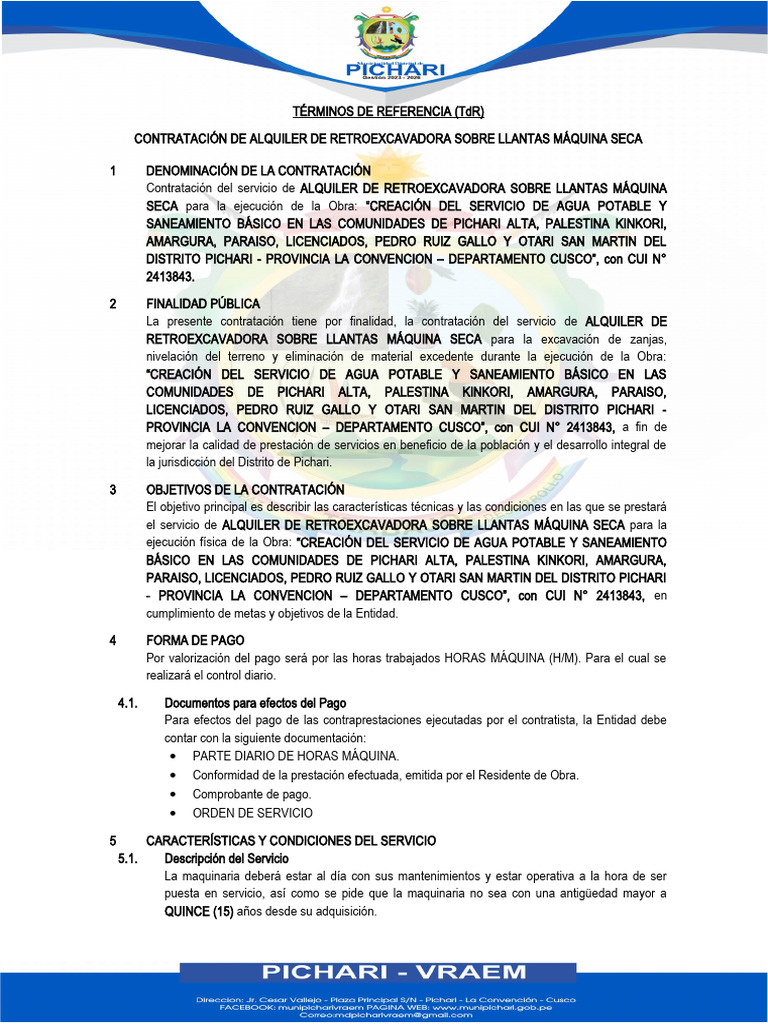 Alquiler de Retroexcavadora para Obra en Pichari | PDF | Outsourcing