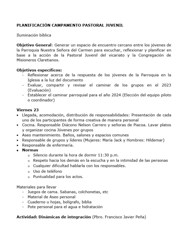 Planificación Campamento Pastoral Juvenil | PDF | Ciencias sociales ...
