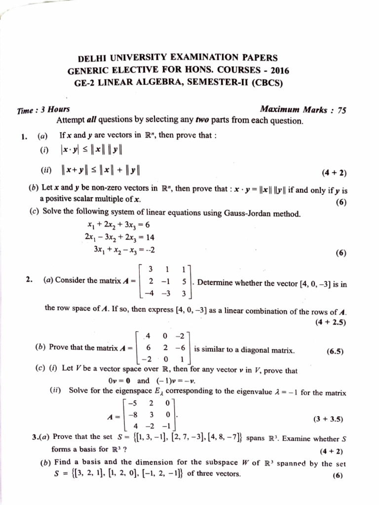 Delhi University Linear Algebra Exam Papers | PDF | Basis (Linear ...