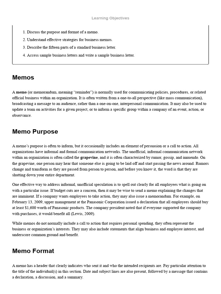 Business Memo and Letter Writing Guide | PDF | Memorandum | Human ...