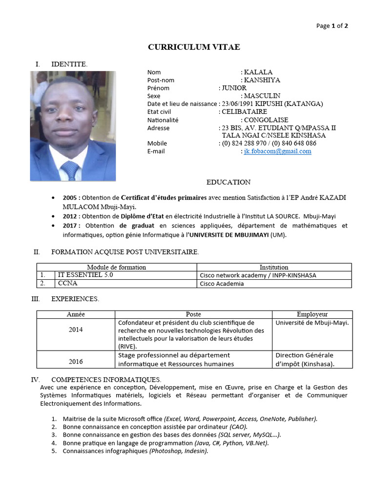 CV Signé de Junior Kalala Kanshiya | PDF | Microsoft Office | Informatique
