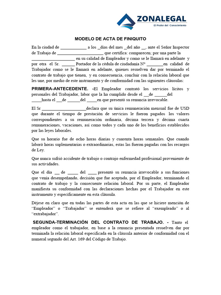 Modelo de Acta de Finiquito Laboral | PDF | Salario