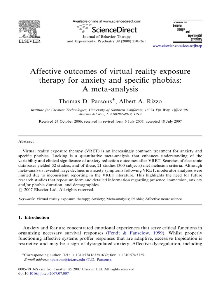 Affective Outcomes of Virtual Reality Exposure - A Meta Analysis | PDF ...