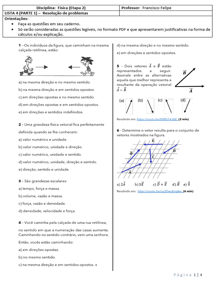 Lista de Exercícios de Física: Vetores | PDF | Vetor euclidiano ...