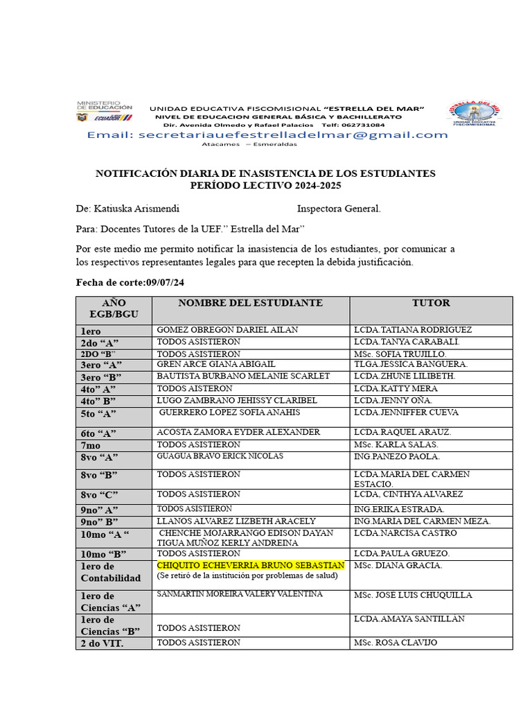 Informe de Inasistencia 09 de Julio 2024 | PDF
